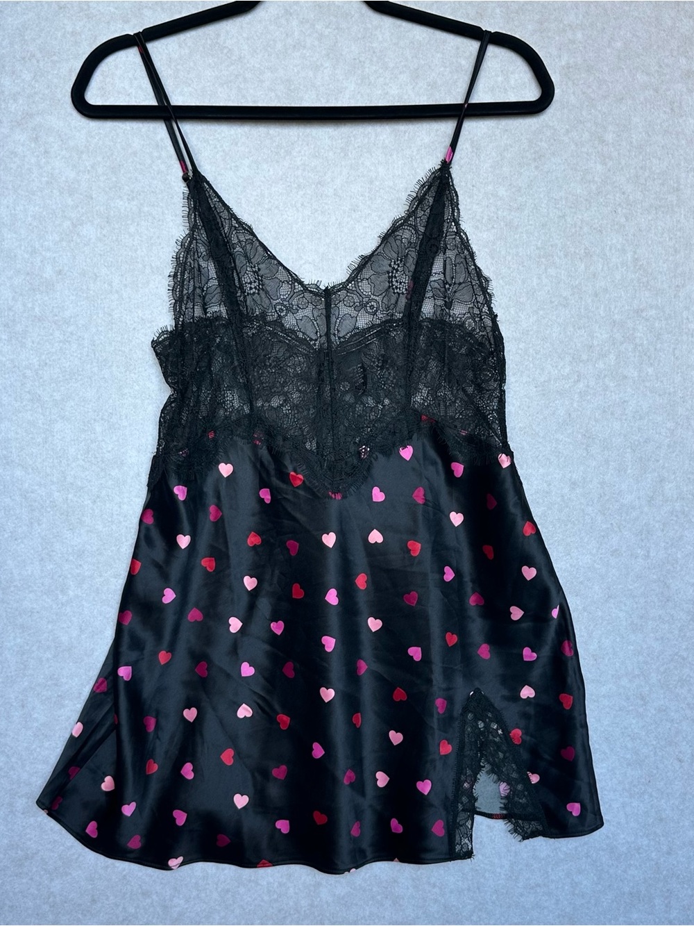 Victoria's Secret Babydoll Size M Black Satin Chemise with Heart Print